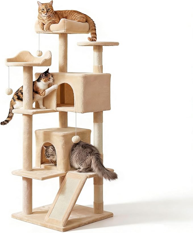 52.5in Cat Tree, Multi-Level Cat Tower with Spacious Kitten-Ear Perch, 2 Cozy Caves, Scratching Posts, Climbing Ladder, Durable Pet House Furniture for Indoor Kittens,Beige