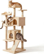 Pawly 52.5" Large Cat Tree with 2 Condos & Sisal Ramp, Premium CARB P2-Compliant Particle Board, 350G Plush Sturdy Cat Tower for Large Breeds, Senior Cats & Multi-Cat Household, Beige