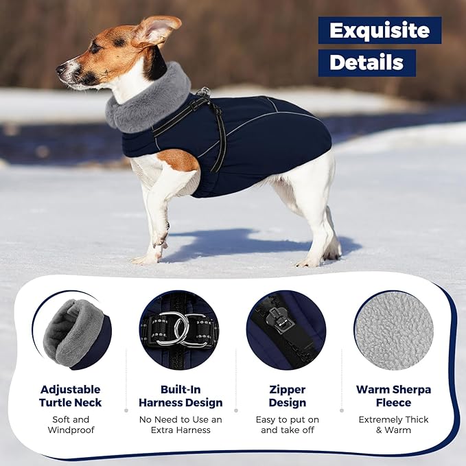 Queenmore Dog Coat,Windproof Dog Coat for Medium Dogs,Dogs Jackets with Harness Built in,Waterproof Doggy Coats with Zipper On Back,Reflective Cold Weather Coats for Dachshund,NavyBlue,M