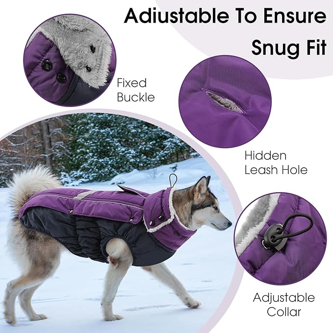 Queenmore Warm Fleece Dog Jacket - Cold Weather Waterproof Dog Snowsuit, Reflective Turtleneck, Purple, XL