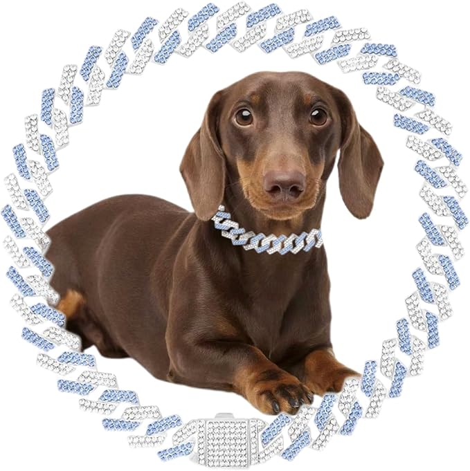 Blue Dog Chain Collar Rhinestone Bling Glitter Metal Cat Necklaces Diamond Cuban Link Puppy Collar, Pet Jewelry for XXS XS Small Medium Large Dogs Cats(Blue 8inch)