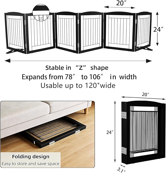 Dog Fence Indoor,Dog Gate Indoor for Doorway pet gate -6-Panel Freestanding, Hallways, House or Stairs -120x24-Inch Retractable Foldable Expandable Wood Pet by SFJC (Black) ﻿