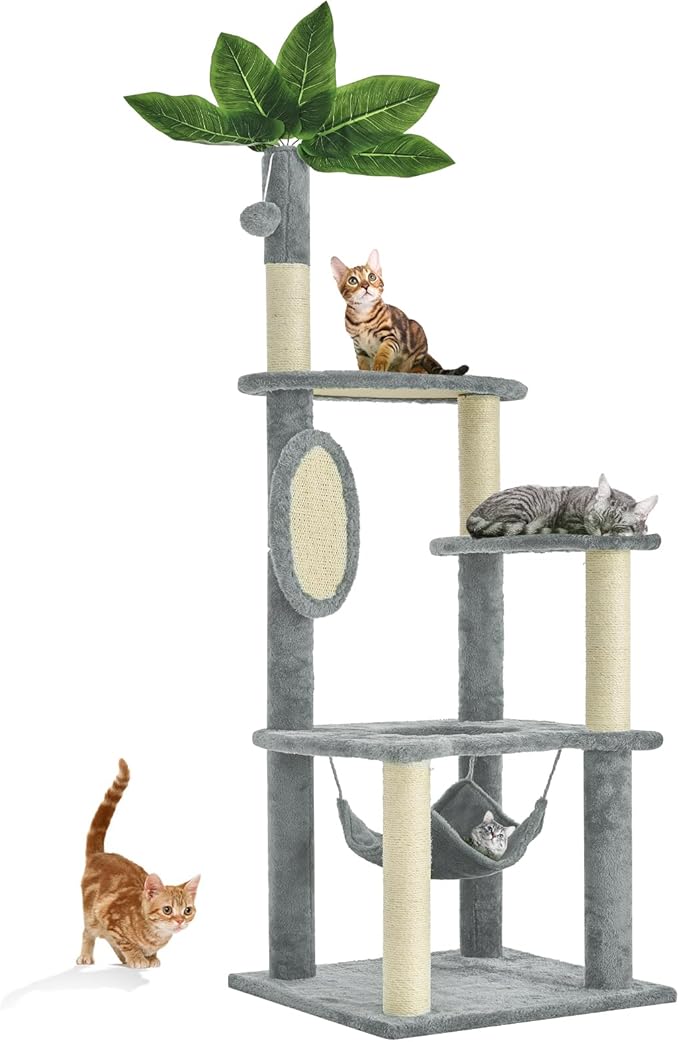 61" Large Cat Tree Tower for Indoor Cats with DIY Green Leaves Scratching Post Multi Soft Hang Ball Plush Cat House Furniture 360° Rotating Cat Scratch Board with Hammock, Square Grey