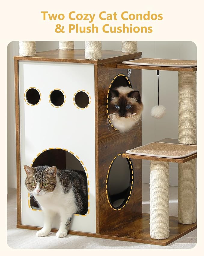 42.5" Modern Wooden Cat Tree with 2-Story Condo, Scratching Posts, Capsule Nest & Dangling Balls - Sky City Design Indoor Furniture for Cats, Rustic Brown