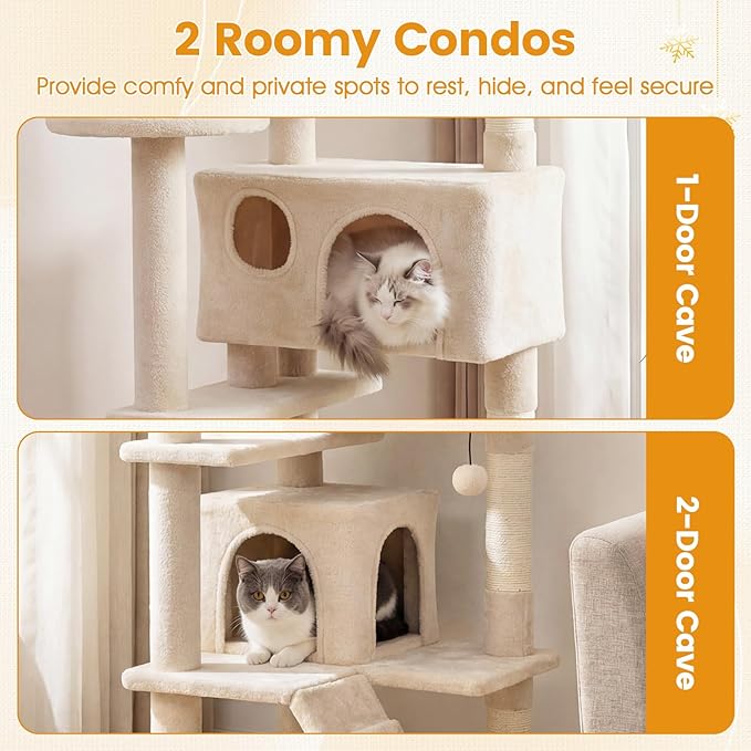 PETSITE 52-inch Cat Tree, Multi-Level Cat Tower with Sisal Scratching Posts, 2 Comfy Condos, Plush Padded Soft Top Perch, Dangling Balls, and Climbing Ladder, Ideal for Indoor Cats (Beige)