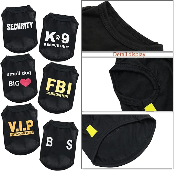 6-Pack Dog Boy Summer Shirts - Black, Sleeveless, Printed Pet Shirts for Small to Medium Dogs & Cats