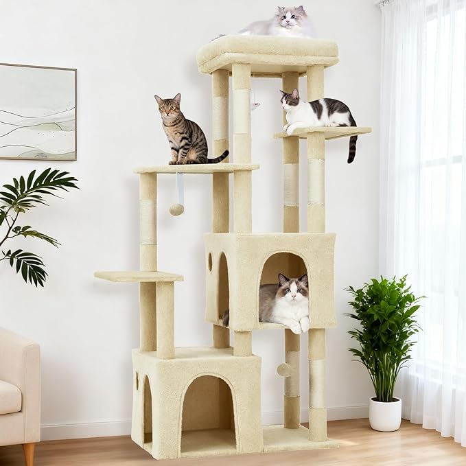 Beige 61" Heavy Duty Cat Tree for Large Indoor Cats & Maine Coon, Warm Multi-Level Cat Tower with Extra Large Perch, 2 Spacious Condos, Natural Sisal Scratching Posts & Interactive Toys