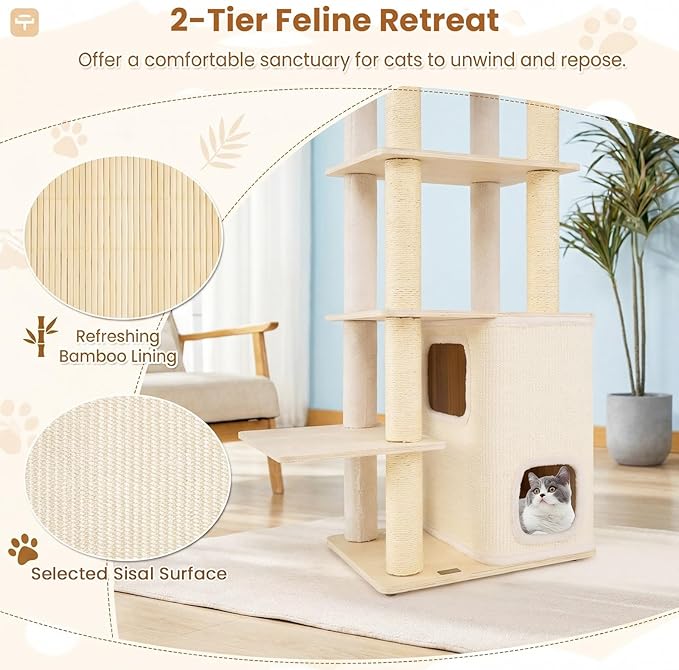 Tangkula Tall Cat Tree, 63 Inch Multi-Level Wood Cat Tower with Sisal Scratching Posts & Mat, 2-Story Condo, Plush Padded Top Perch, Dangling Ball, Modern Cat Tree Tower for Indoor Cats Large Adult