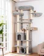 Cat Tree with Tunnel, Cat Tower for Indoor Cats, Tall Cat Tree Tower with Cat Condo, Food Station, Large Platform, Scratching Posts, Hammock, Light Gray GCT021W