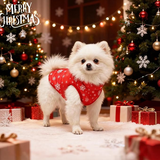 Idepet Pet Dog Cat Coat with Leash Anchor Color Patchwork Padded Puppy Vest Jacket Teddy Chihuahua Costumes Pug Cloth XS S M L(Small,Red-Snowflake)