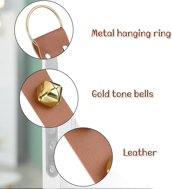Frienda Hanging Jingle Sleigh Bells 7-Bell Dog Doorbells for Door Knob Faux Leather Belts Go Outside Dog Bells Christmas Decor and Holiday Decorations, 18.7 x 1.8 x 1 Inches(Light Brown with Gold)