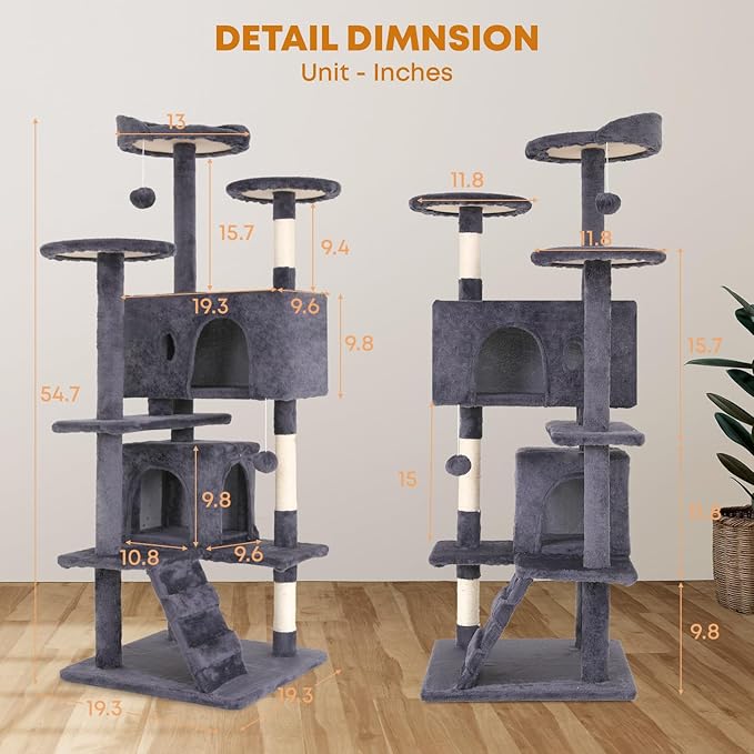 54in Cat Tree Tower for Indoor Cats, Cat Tower with Cat Scratching Post, Multi-Level Cat Furniture, Cat Tower with Funny Toys for Kittens-Ashy