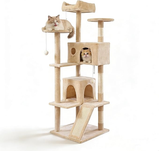 Pawly 60.63" Large Cat Tree with 2 Condos & Sisal Ramp, Premium CARB P2-Compliant Particle Board, 350G Plush Sturdy Cat Tower for Large Breeds, Senior Cats & Multi-Cat Household, Beige