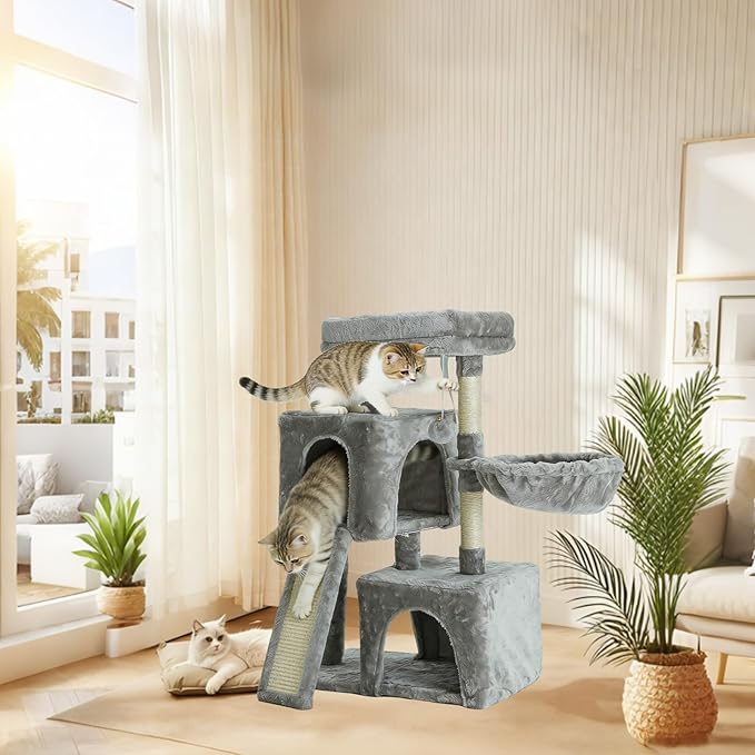 35.8-inch Cat Tree with Double Cat Beds & Hammock, Plush Perch Scratcher with Comfort Sleep Platform and Toy Ball for Indoor Cats (Grey)
