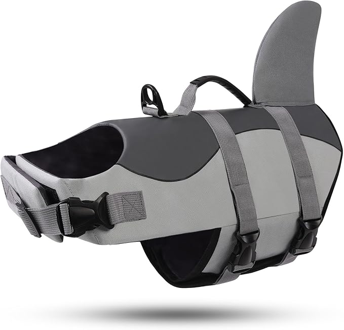 ASENKU Dog Life Jacket - Pet Safety Vest for Swimming & Boating, Shark Life Jacket with Floatation, Dog Lifesavers Swimsuits for Small Medium Large Dogs (Grey, XS)