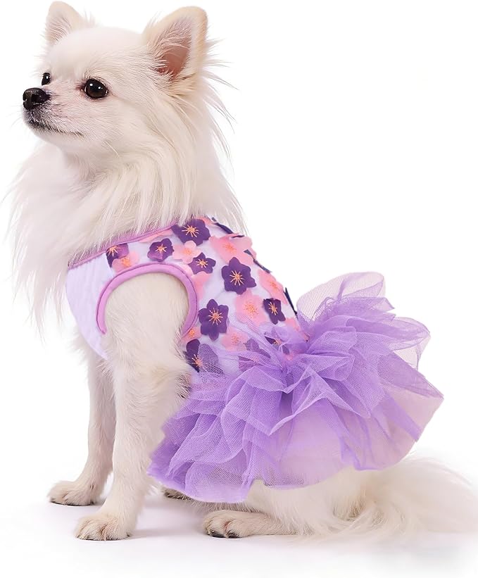Dog Dress, Fashion Puppy Tutu Princess Dresses for Small Dogs Girl, Sweet Skirt with Dog Bowknot Clips, Spring Dog Cat Clothes Pet Apparel (Purple Floral Dress, XXX-Small)