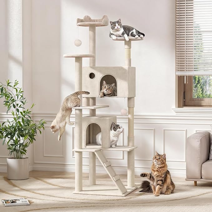 Magshion Cat Tree 77" Cats Tower for Indoor Cats, Multi-Level Cat Condo with Scratching Post, Top Perch, Sisal Board and Dangling Ball, Cat Stand Jumping Platform Kittens Pet Play House (Beige)