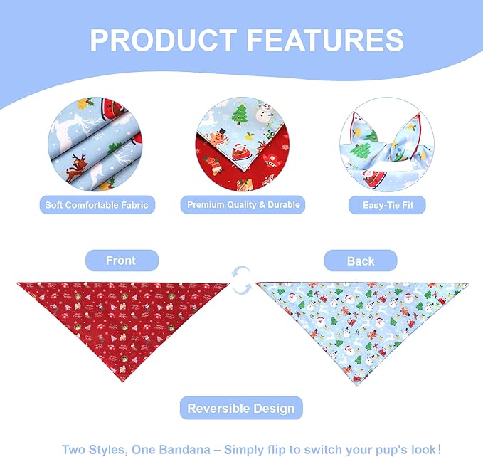 Christmas Dog Bandana for Large and X-Large Dogs - Reversible Red & Blue Santa Snowman Print Scarf - Adjustable Pet Costume for Holiday Photos & Gifts