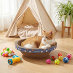 Zopeal 64 Pcs Easter Cat Toy Gift Set Magic Cat Scratcher Board Ball Launcher Gun Crinkle and Yarn and Plastic Bell Ball Kitten Toy with Bow for Pet Interactive Engaging Gift(Bowl Shape)