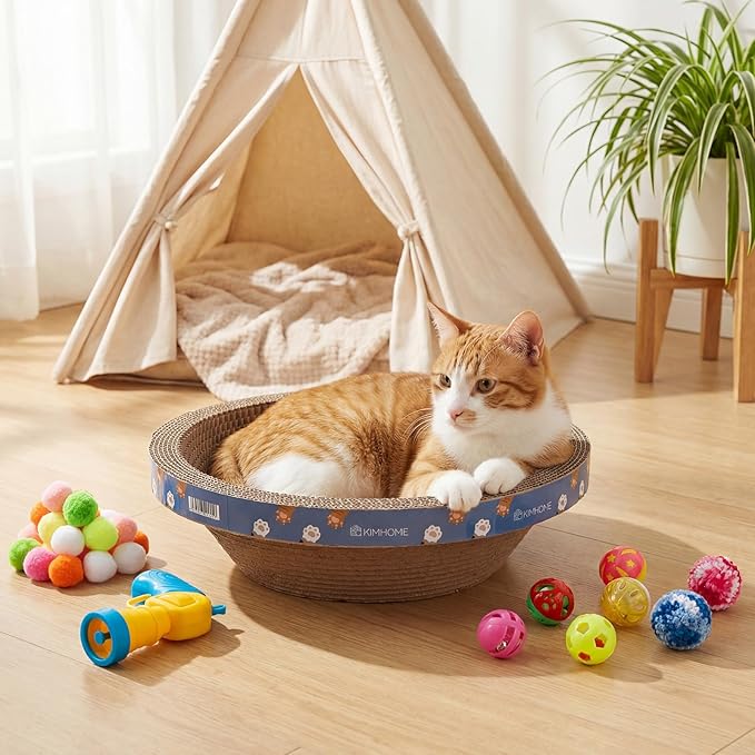Zopeal 64 Pcs Easter Cat Toy Gift Set Magic Cat Scratcher Board Ball Launcher Gun Crinkle and Yarn and Plastic Bell Ball Kitten Toy with Bow for Pet Interactive Engaging Gift(Bowl Shape)