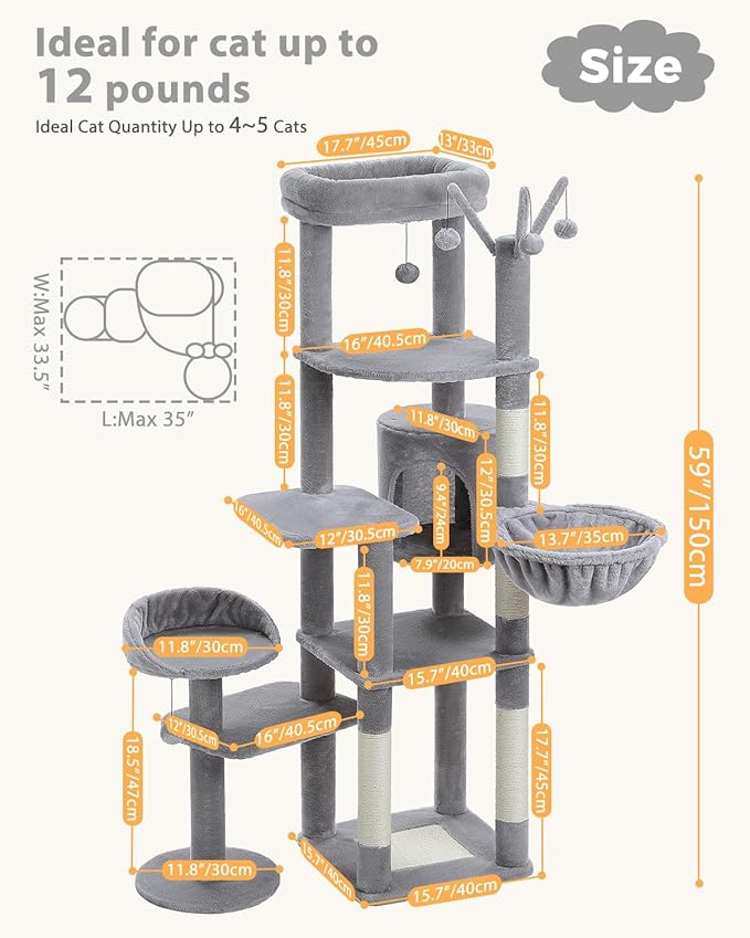 59" Cat Tree, Tall Cat Tower for Large Cat, Multi-Level Tower with 3 Removable Pompom Sticks, Cat Tree for Indoor Cats, Condo with Large Hammock, Scratching Post, and 2 Perches, Grey