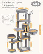 59" Cat Tree, Tall Cat Tower for Large Cat, Multi-Level Tower with 3 Removable Pompom Sticks, Cat Tree for Indoor Cats, Condo with Large Hammock, Scratching Post, and 2 Perches, Grey