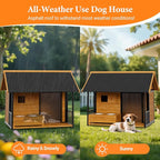 Dog House with Dog Bowls Stand, Large Outdoor Dog House Kennel, Easy to Install, Design with Weatherproof Roof and All-Around Iron Frame for Outside Small Medium Large Breed Dogs(Brown)