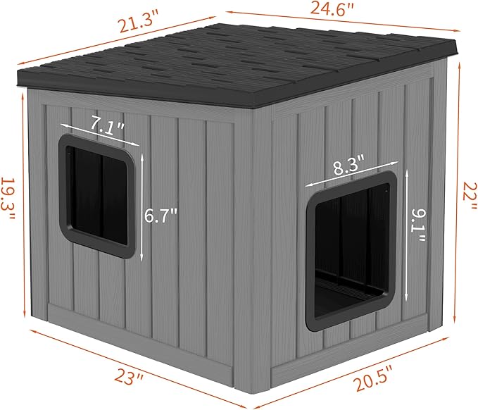 NUNU LAB Outdoor Cat House – Weatherproof & UV Resistant PP Material Shelter with Sloped Asphalt Roof, Durable Cat Condo for Garden, Patio, and Backyard (Black, Large)