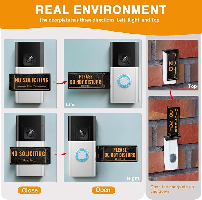 Metal Doorbell Cover No Soliciting Sign for House，Universal Fitting Doorbell Cover That Rotates From NO SOLICITING to DO NOT DISTURB,Flipable No Solicitors Sign for Ring Doorbell, Horizontal & Vertical Mode, Easy Installation，The Gift for Home Offices ...