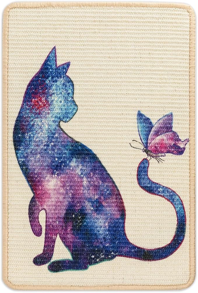 Sisal Cat Scratcher Mat Cat Wall Scratcher for Indoor Scratch Pad Wall Mounted Scratching Post to Protect Couch Carpet Furniture 23.6"x15.7" (Purple Butterfly Cat)