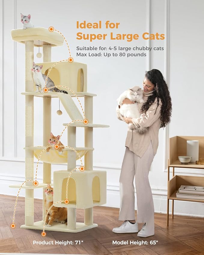 71" Tall Cat Tree for Large Cat 20 lbs with Super Large Hammock, Heavy Duty Cat Tower with 4 Sisal Scratching Posts & 2 Spacious Condos for Big Adult Cats Maine Coon-Beige