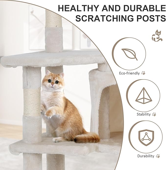 36" Multi-Level Cat Tree Tower with Scratching Posts, Toys & Condo - Space-Saving Design for Indoor Kittens, Compact Floor Footprint & Vertical Space for Multi-Cat Homes-Beige