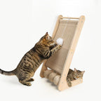 Cat Scratcher for Indoor Cats, L-Shaped Cat Scratching Board & Ramp, Solid Wood Cat Scratch Pad, with Hanging Ball & 3 Bottom Play Balls, Ideal for All Cats (Wood Grain, L)