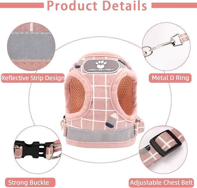 Cat & Dog Harness - All Weather Mesh, Reflective Strap, Step-in Adjustable for Small Cats & Dogs (Pink-Pattern, S)