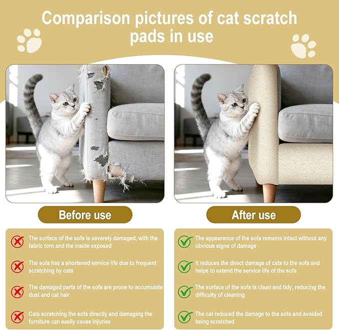 Cat Scratch Mat for Couch, Wall & Cat Tree - 78.7" Trimmable Self-Adhesive Cat Scratcher, Cat Scratch Furniture Protector, Felt Alternative to Sisal, DIY Cat Tower Replacement, 2 Pack (Beige)