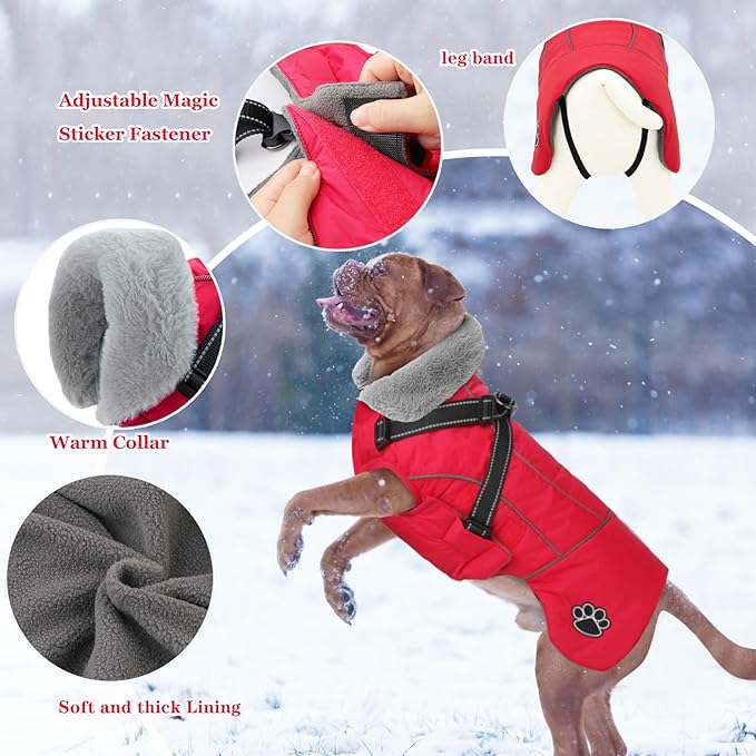 Doglay Dog Jacket Waterproof Dog Coat with Harness Built in, Christmas Puppy Winter Coat Reflective Turtleneck Puffer Snow Jackets for Small Medium Large Dogs