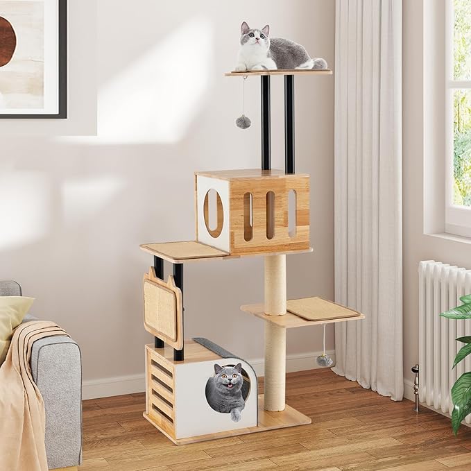 Tangkula Modern Cat Tree, Tall Multi-Level Cat Tower with Double Condos, Jumping Platforms, Dangling Balls, Sisal Carpets & Scratching Posts, Wood Cat Tree Tower for Indoor Cats