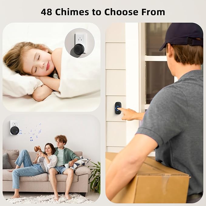 Wireless Door Bells for Homes Doorbell Chime Kits with 1 Transmitter 1 Receiver - Waterproof Operating at 1000ft Range - 48 Ringtones 4 Volume Levels LED Flash - Door Bell for Classroom Black