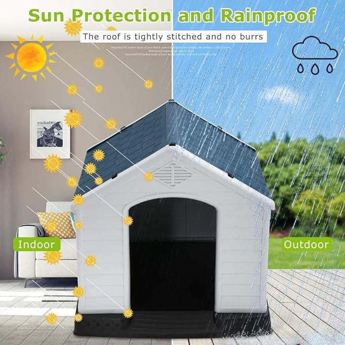 Dog House, Small and Medium Dog House, Waterproof Breathable Plastic Durable Indoor Outdoor Pet Shelter with Ventilation and Elevated Flooring, Easy to Assemble
