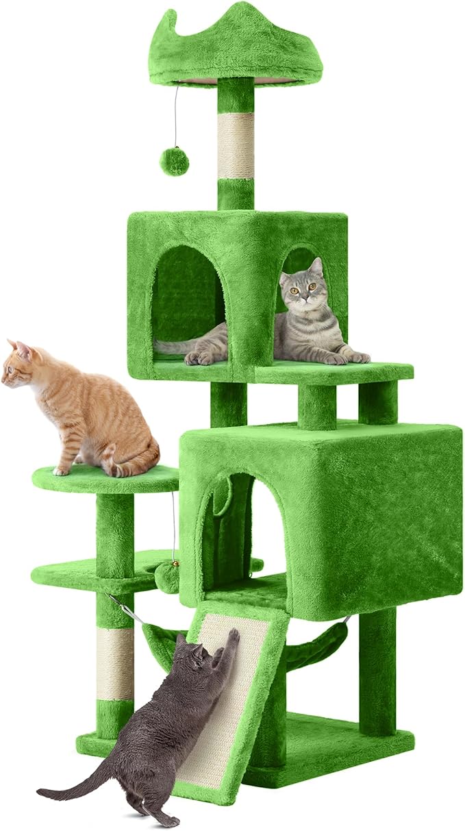 YITAHOME 54in Cat Tree Tower Condo, Multi-Level with Sisal Scratching Post, Cat Condos, Plush Top Perches, Hammock, Space Saving Cat Condo, Dangling Ball, Pet Play House,Pet Gift, Green