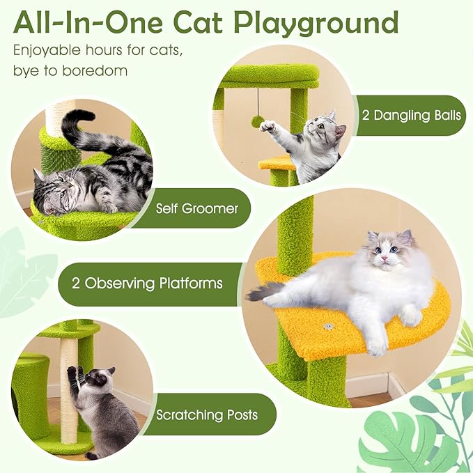 Tangkula Palm Cute Cat Tree, Cat Tower with Sisal Scratching Posts, Padded Top Perch, Condo, Self Groomer, Jumping Platforms & Dangling Balls, Unique Cat Tree Tower with Green Leaves for Indoor Cats