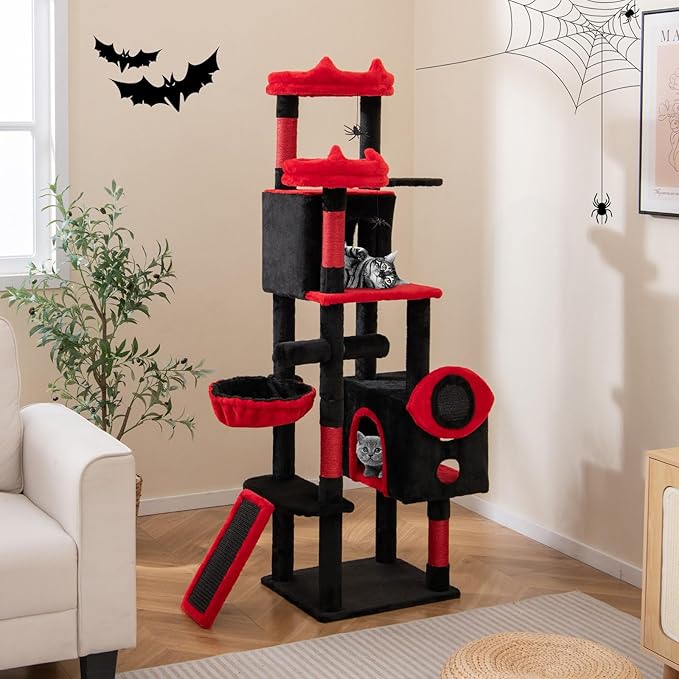 Tangkula Gothic Cat Tree, Large Spooky Cat Tower with Sisal Scratching Posts & Ramp, 2 Cat Condos, 2 Devil Ear-Shaped Perches, Spider Toys, Bat-Shaped Platform, Basket Bed, Goth Cat Tree, Black & Red
