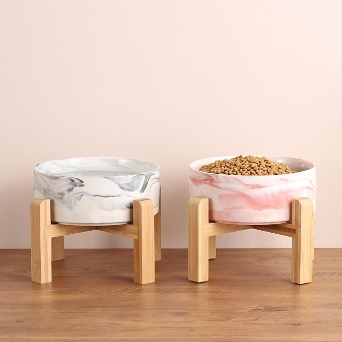 Elevated/Raised Dog Bowl Ceramic with Wood Stand for Medium Large Breed,Dog Food Water Dish Heavy Weighted, 8 in Non Slip Porcelain Pet Bowl Extra Big Marble Grey