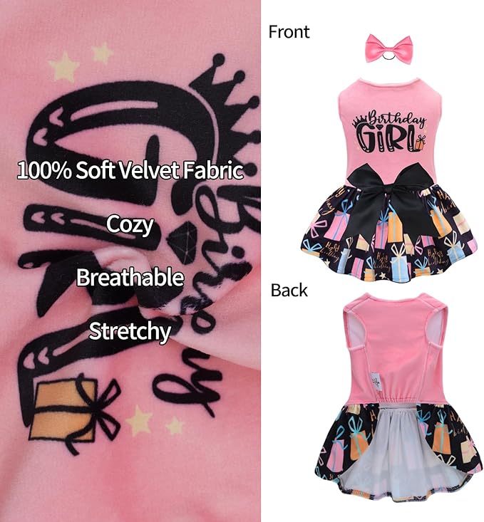 CuteBone Birthday Dog Dresses Velvet Holiday Small Dogs Clothes Onesie Pet Apparel Girl Puppy Skirt with Bow Hair Rope CVA48S-D