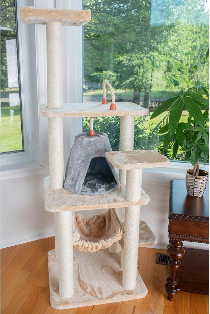 Cat Tree Tower with Hammock - Multi-Level Kitty Condo, Scratching Posts, Soft Faux Fur - 65" Tall
