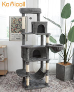 Multi-Level Cat Tree,69 Inches Tall Cat Tower with 2 Plush Condos,Hammock and Plush Perch, Scratching Posts and Pompoms,Gray Cat House for Indoor Cats