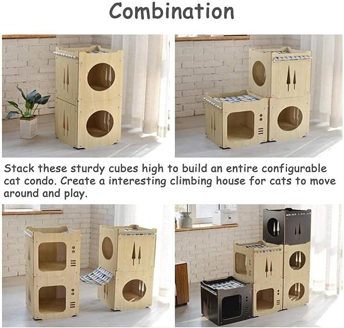 Wooden Cat House Rabbit Hideout with Hammock Stackable Collapsible Cat Kity Cube Room Splicing Bunny Cat Climbing Combination