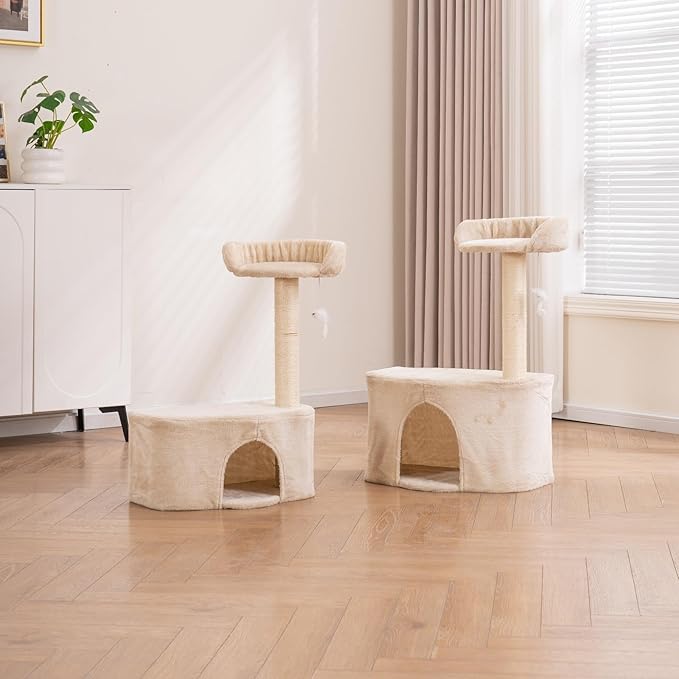 Small Cat Tree Tower with Sisal Scratching Post for Indoor Cats, Cat Condo Cave House with Perch and Playful Toy Feather, Beige (20.27x12.4x29.5 inch)