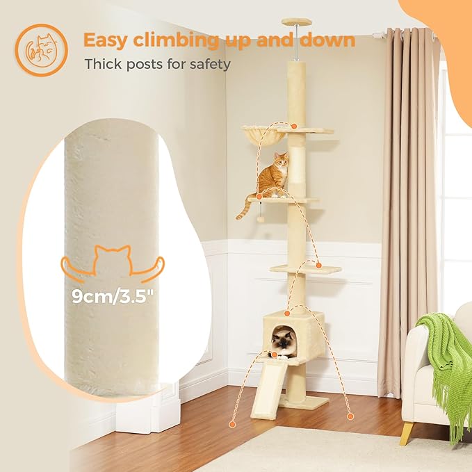 PETEPELA Floor to Ceiling Cat Tree, Multi-Level Tall Cat Tower, Height Adjustable [83"-108"], Cat Scratching Post with Top Perches and Spacious Condo for Large Indoor Cats, Beige
