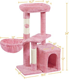 Topeakmart Cat Tree Tower for Indoor Cats, 34.5in Cute Kitten Tree Activity Center with Condo & Scratching Post, Multi-Level Pet Climbing Tower Play House w/Large Perch, Platform, Basket, Pink